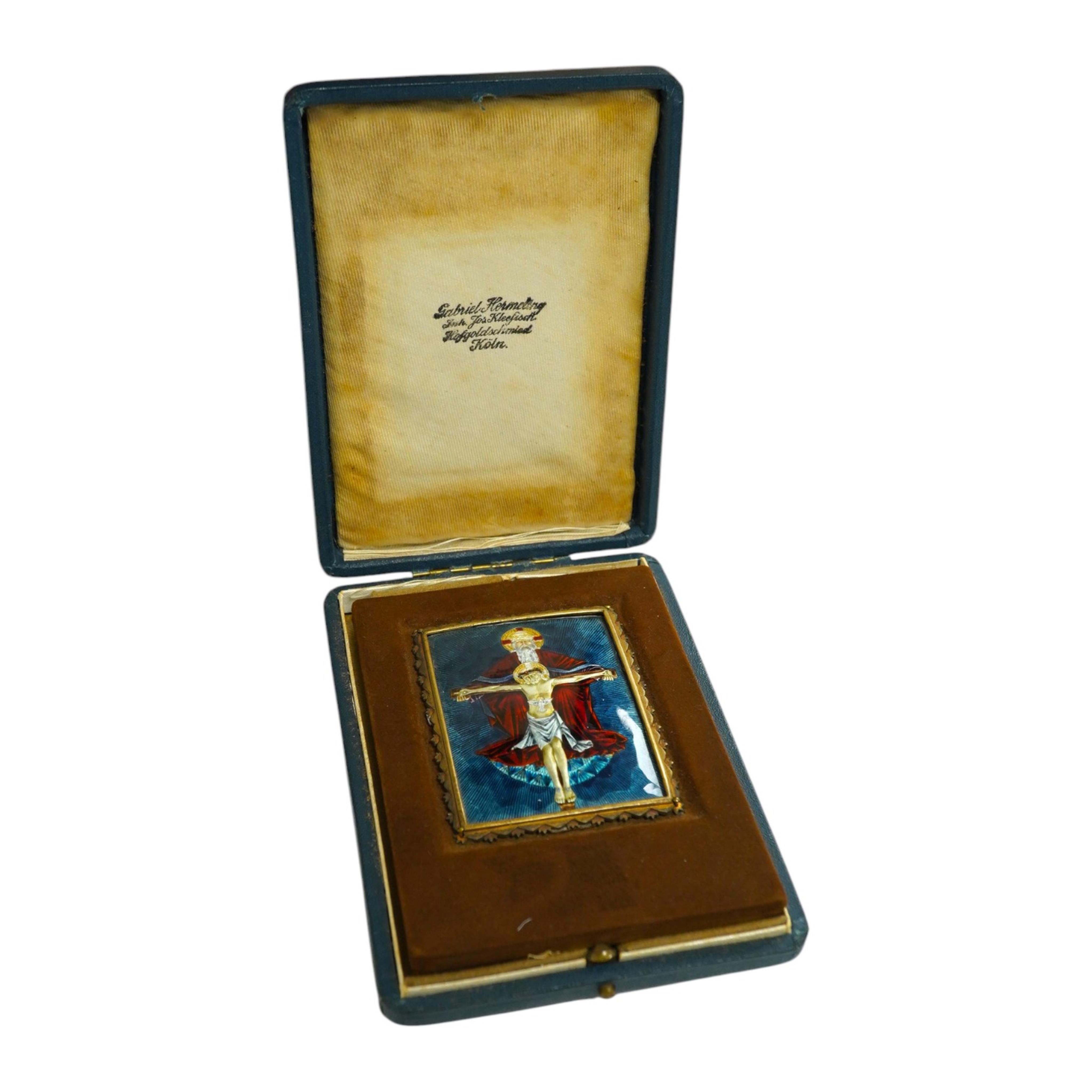 A cased Cologne enamel on copper travelling shrine depicting God and Jesus. Condition - some wear